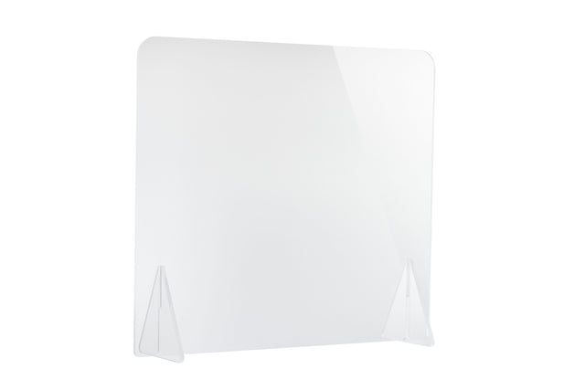 A portable countertop acrylic safety shield with rounded top corners stands upright on a flat surface, supported by two transparent triangular feet at the bottom for stability. The background is plain white.