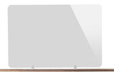 A TableCraft acrylic shield stands upright on a wooden surface, supported by two metal brackets. This Booth Safety Shield is rectangular with rounded corners, featuring a slight reflective shine on the right side against a plain white background.