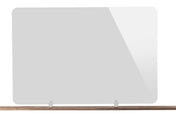 A TableCraft acrylic shield stands upright on a wooden surface, supported by two metal brackets. This Booth Safety Shield is rectangular with rounded corners, featuring a slight reflective shine on the right side against a plain white background.