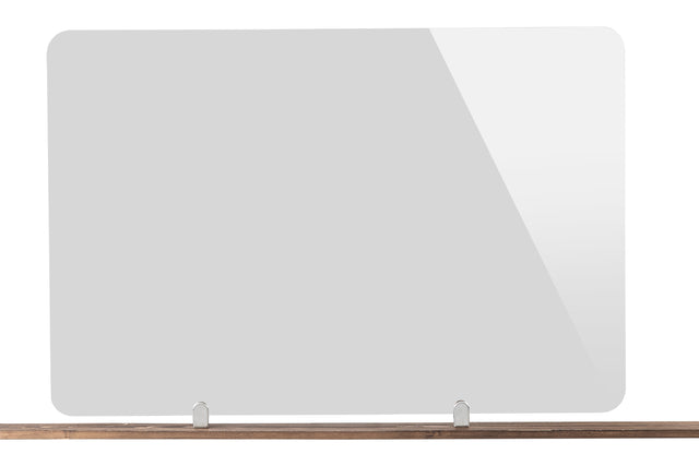 A TableCraft acrylic shield stands upright on a wooden surface, supported by two metal brackets. This Booth Safety Shield is rectangular with rounded corners, featuring a slight reflective shine on the right side against a plain white background.