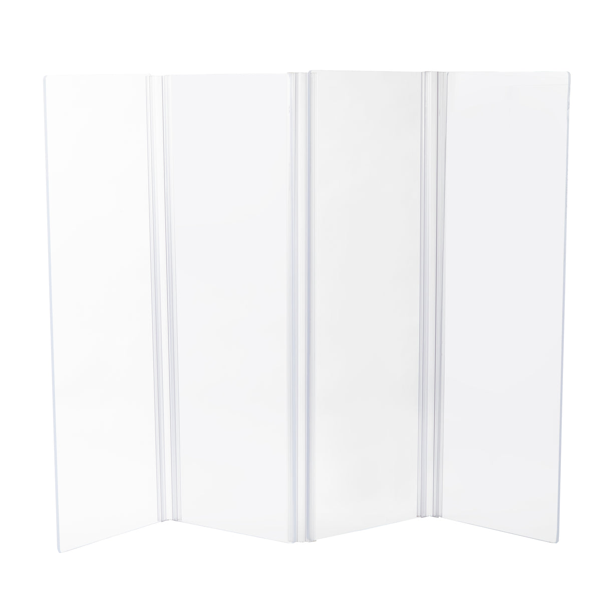 A plain, four-panel white display board stands upright. Each panel is tall and rectangular, connected with vertical hinges like a Collapsible Safety Shield. Its smooth, blank surface is ideal for presentations or displays. The background is white.