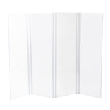 A plain, four-panel white display board stands upright. Each panel is tall and rectangular, connected with vertical hinges like a Collapsible Safety Shield. Its smooth, blank surface is ideal for presentations or displays. The background is white.