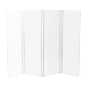 A plain, four-panel white display board stands upright. Each panel is tall and rectangular, connected with vertical hinges like a Collapsible Safety Shield. Its smooth, blank surface is ideal for presentations or displays. The background is white.