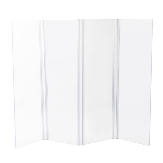 A plain, four-panel white display board stands upright. Each panel is tall and rectangular, connected with vertical hinges like a Collapsible Safety Shield. Its smooth, blank surface is ideal for presentations or displays. The background is white.