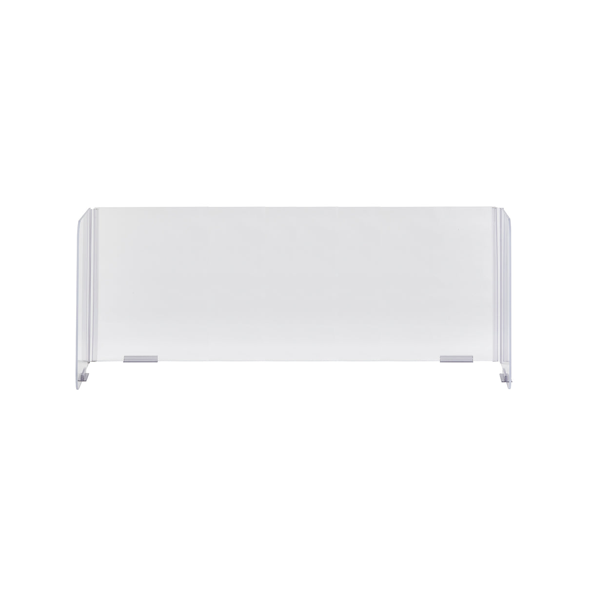 A clear acrylic safety shield by TableCraft with two transparent side panels and small feet for stability, viewed from the front against a plain white background. This rectangular, collapsible safety shield is designed to sit upright on any flat surface.