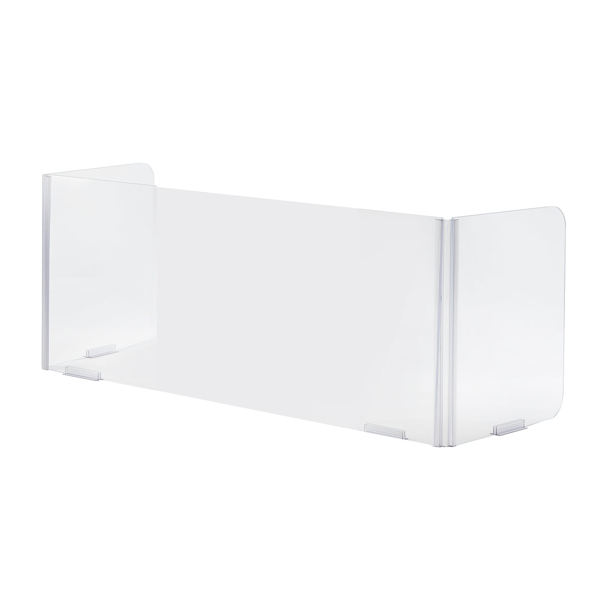 Clear acrylic safety shield with two angled side panels and a flat center panel; all transparent with rounded corners, standing upright on flat clear feet. This TableCraft acrylic safety shield is perfect for added protection in any setting.