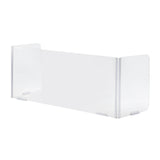Clear acrylic safety shield with two angled side panels and a flat center panel; all transparent with rounded corners, standing upright on flat clear feet. This TableCraft acrylic safety shield is perfect for added protection in any setting.