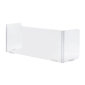 Clear acrylic safety shield with two angled side panels and a flat center panel; all transparent with rounded corners, standing upright on flat clear feet. This TableCraft acrylic safety shield is perfect for added protection in any setting.