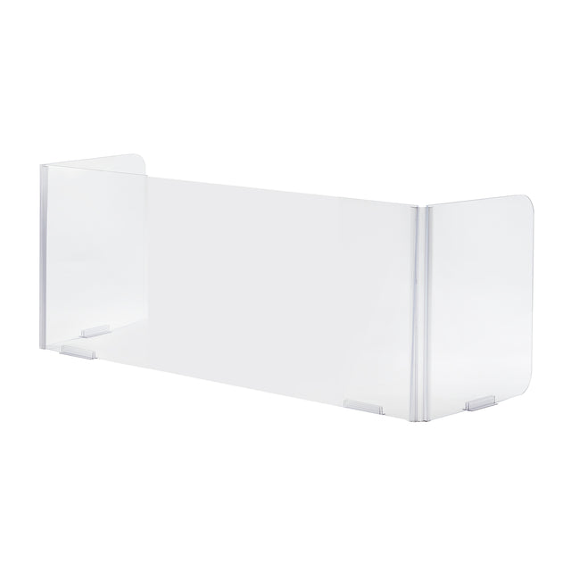 Clear acrylic safety shield with two angled side panels and a flat center panel; all transparent with rounded corners, standing upright on flat clear feet. This TableCraft acrylic safety shield is perfect for added protection in any setting.
