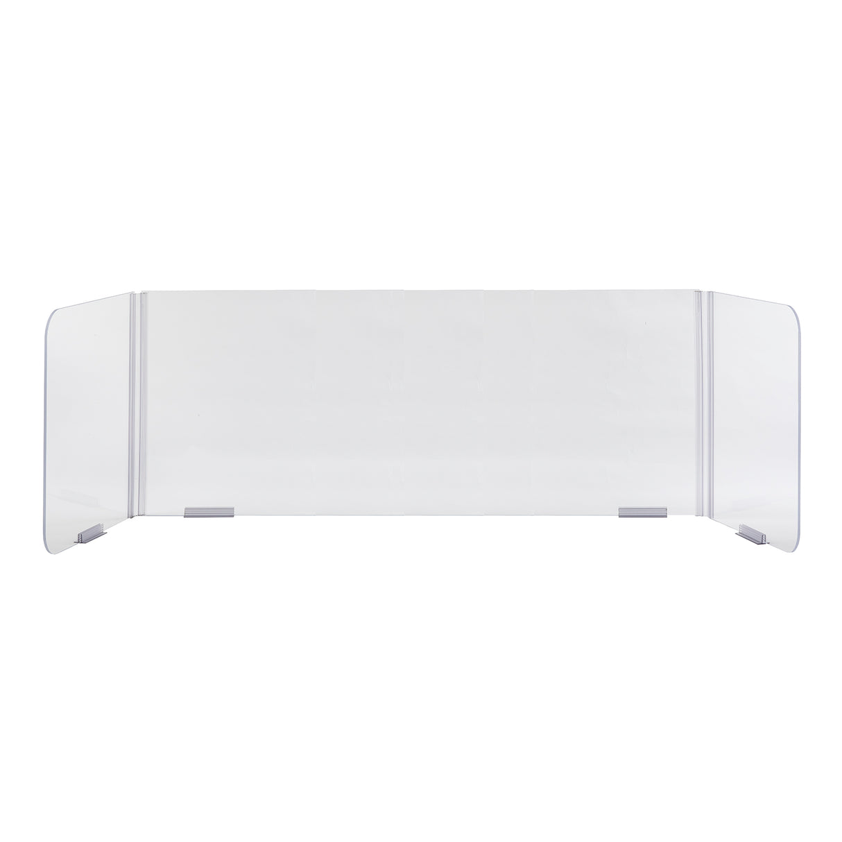 The TableCraft acrylic safety shield features two foldable side panels and sturdy metal or plastic brackets. This transparent, slightly curved collapsible safety shield sits neatly on any flat surface for reliable protection.