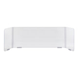 The TableCraft acrylic safety shield features two foldable side panels and sturdy metal or plastic brackets. This transparent, slightly curved collapsible safety shield sits neatly on any flat surface for reliable protection.