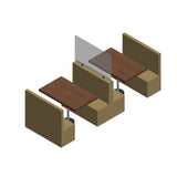 An isometric view of two opposing brown booth seats with wooden tables, separated by a TableCraft Booth Safety Shield—an acrylic shield mounted between the tables for added separation and safety, all on a white background.