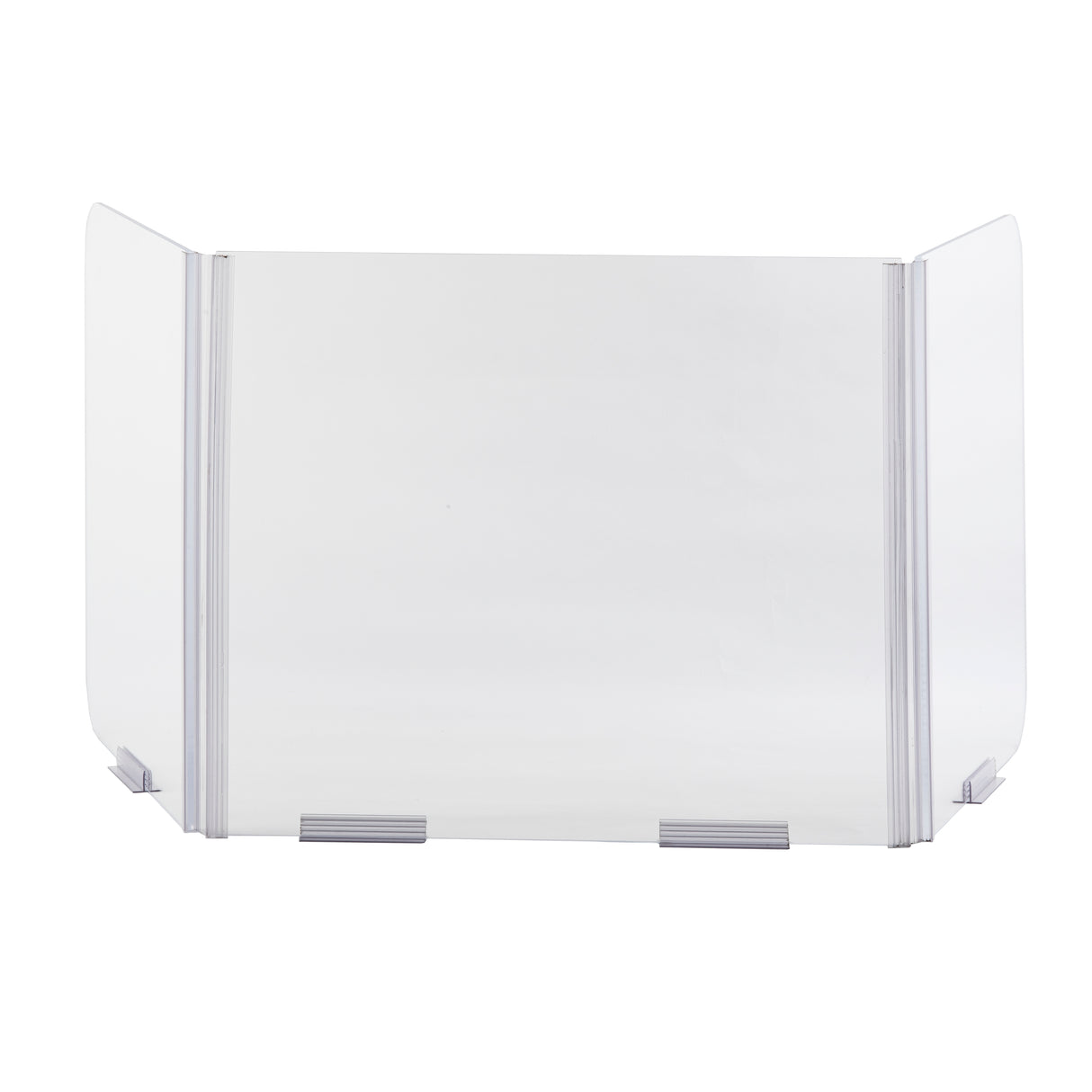 A clear acrylic Desk Safety Shield with three panels—one large center panel and two angled sides—stands upright on a white background. Connected by folding hinges, the panels feature small stabilizing feet for secure desk placement.