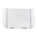 A clear acrylic Desk Safety Shield with three panels—one large center panel and two angled sides—stands upright on a white background. Connected by folding hinges, the panels feature small stabilizing feet for secure desk placement.
