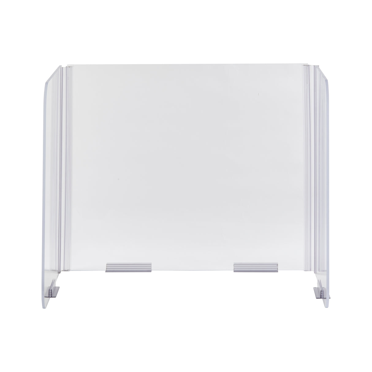 The Desk Safety Shield features clear acrylic panels with angled sides, stabilizing feet, and folding hinges for easy setup and storage. Its transparent surface ensures visibility while providing effective protection on desks or countertops.