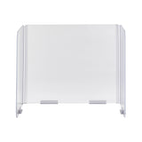 The Desk Safety Shield features clear acrylic panels with angled sides, stabilizing feet, and folding hinges for easy setup and storage. Its transparent surface ensures visibility while providing effective protection on desks or countertops.