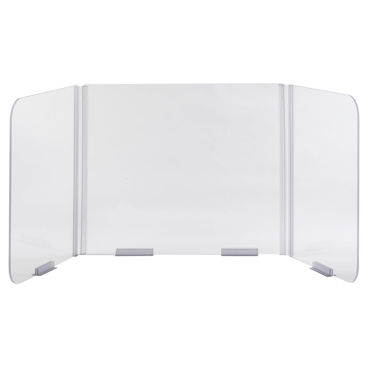 A clear acrylic Desk Safety Shield with folding hinges features three rounded panels and sturdy gray supports, creating a protective barrier on desks or counters. The hinged panels let the shield stand upright in a convenient U-shape.