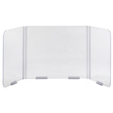 A clear acrylic Desk Safety Shield with folding hinges features three rounded panels and sturdy gray supports, creating a protective barrier on desks or counters. The hinged panels let the shield stand upright in a convenient U-shape.