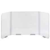 A clear acrylic Desk Safety Shield with folding hinges features three rounded panels and sturdy gray supports, creating a protective barrier on desks or counters. The hinged panels let the shield stand upright in a convenient U-shape.