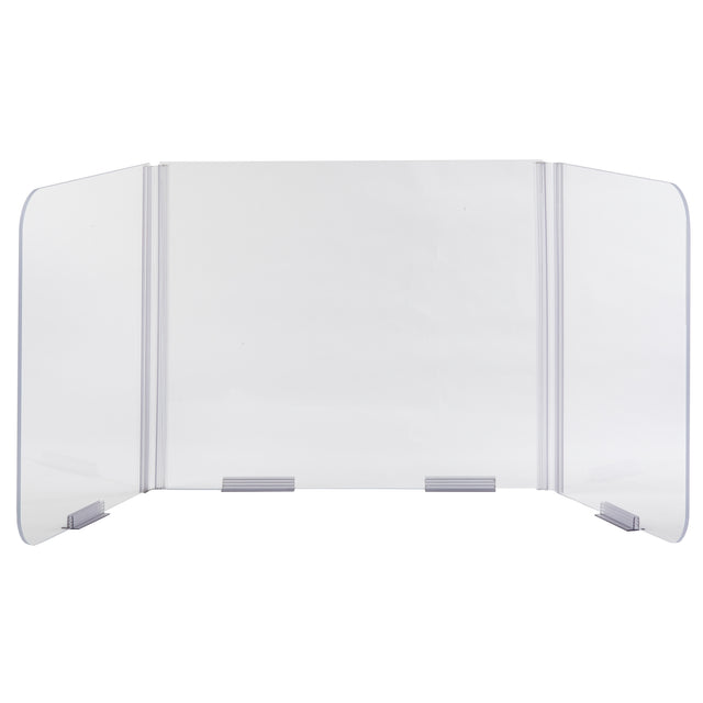 A clear acrylic Desk Safety Shield with folding hinges features three rounded panels and sturdy gray supports, creating a protective barrier on desks or counters. The hinged panels let the shield stand upright in a convenient U-shape.
