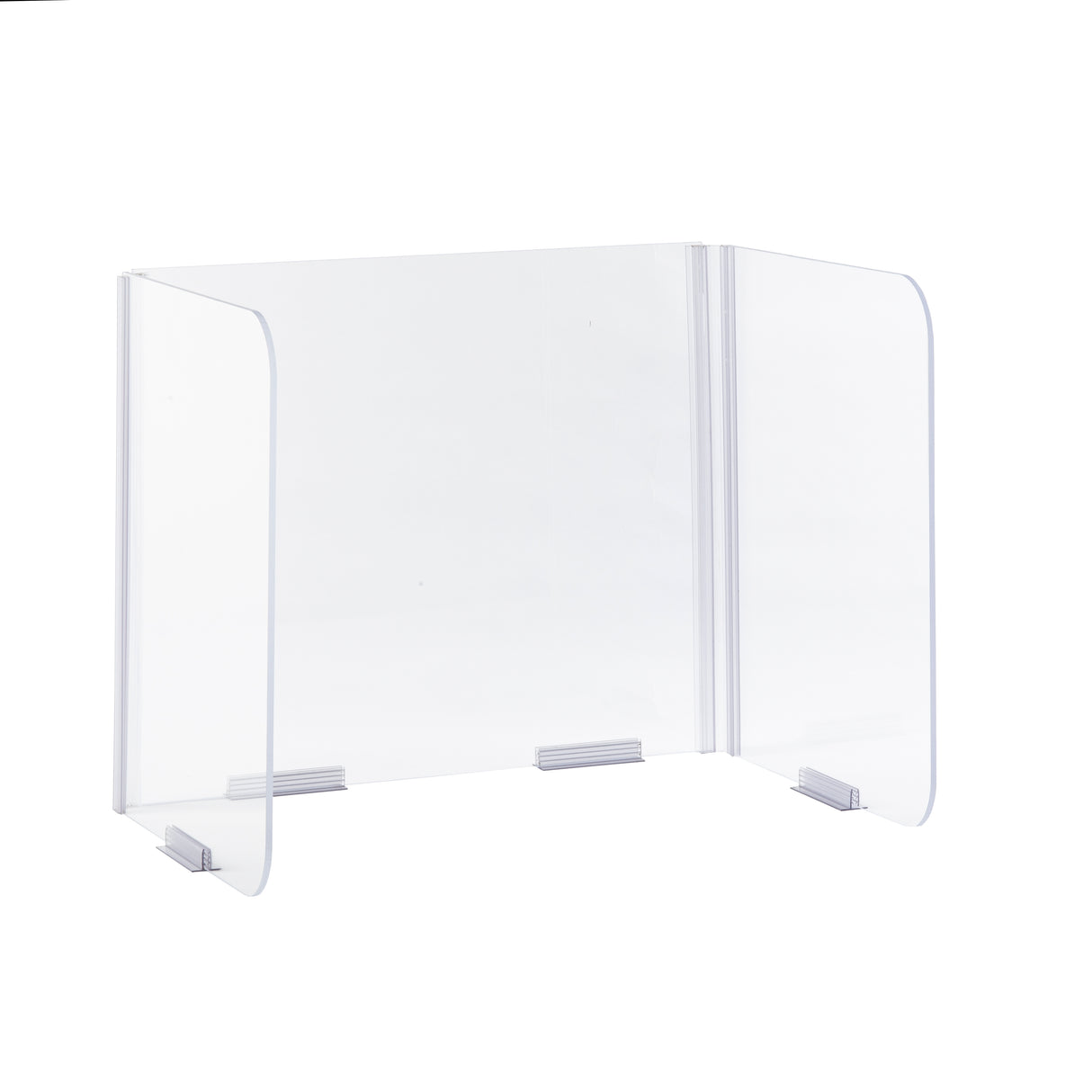 A clear acrylic Desk Safety Shield with three panels features folding hinges at the corners; the wide center panel and two angled side panels are joined securely, while metal brackets fasten the base to a white surface.