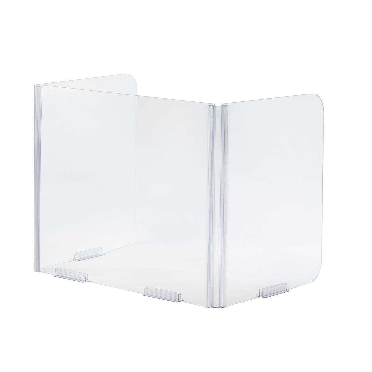 A clear acrylic Desk Safety Shield features three panels forming a U-shape. The center panel is wider, while two narrower sides attach at right angles with folding hinges. Four transparent feet stabilize the guard on any flat surface.
