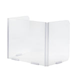 A clear acrylic Desk Safety Shield features three panels forming a U-shape. The center panel is wider, while two narrower sides attach at right angles with folding hinges. Four transparent feet stabilize the guard on any flat surface.