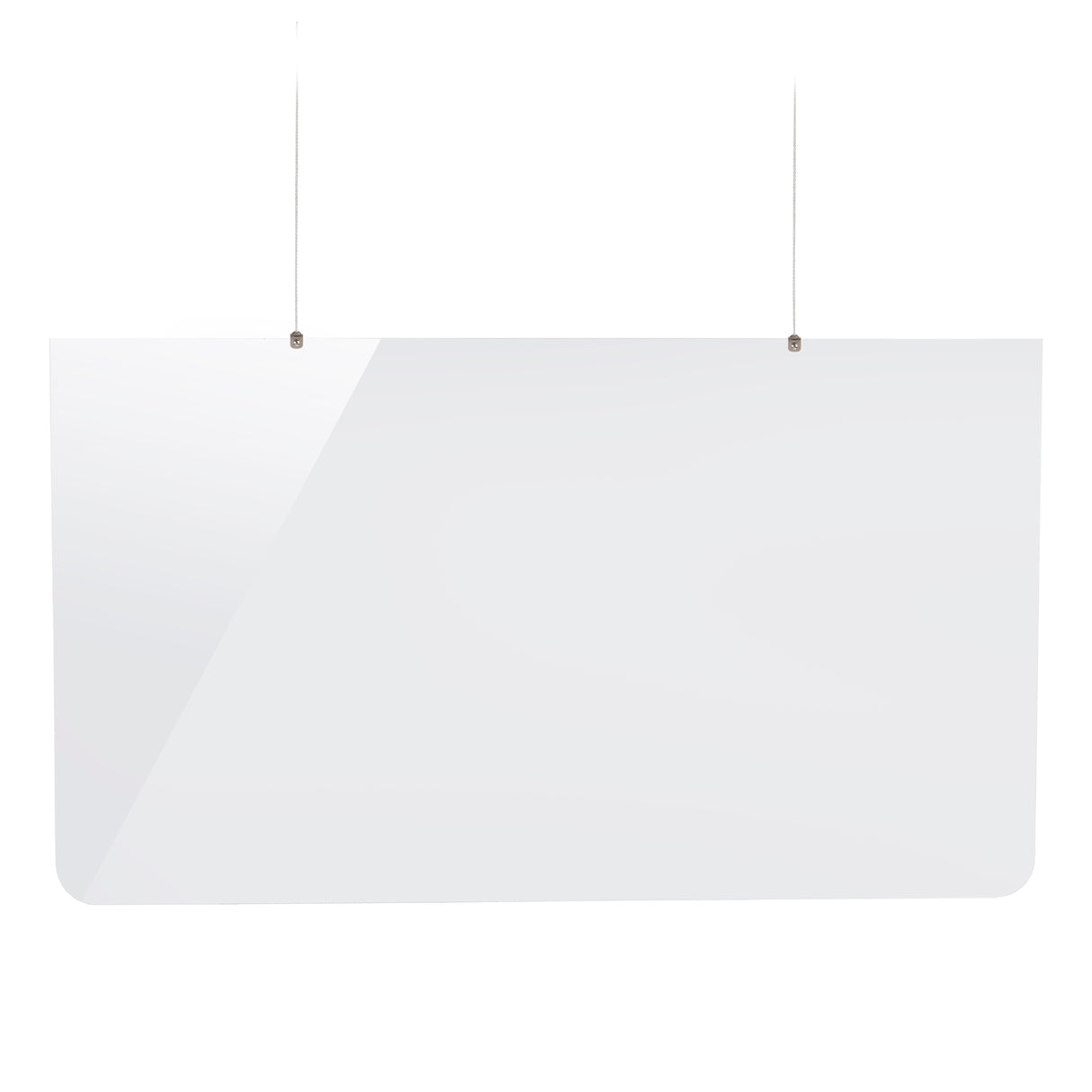 A clear acrylic Hanging Safety Shield from TableCraft Products with rounded corners hangs from the ceiling by two thin, vertical wires against a plain white background. The rectangular shield is semi-transparent, reflecting light on the left side.