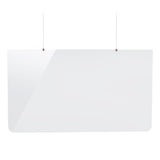 A clear acrylic Hanging Safety Shield from TableCraft Products with rounded corners hangs from the ceiling by two thin, vertical wires against a plain white background. The rectangular shield is semi-transparent, reflecting light on the left side.