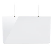 A clear acrylic Hanging Safety Shield from TableCraft Products with rounded corners hangs from the ceiling by two thin, vertical wires against a plain white background. The rectangular shield is semi-transparent, reflecting light on the left side.