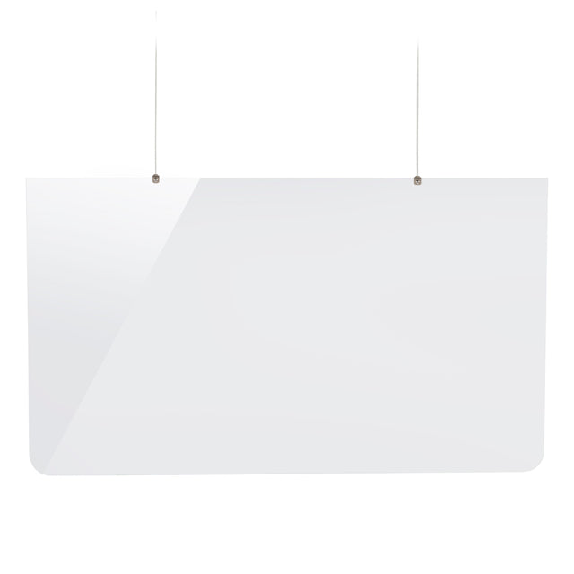 A clear acrylic Hanging Safety Shield from TableCraft Products with rounded corners hangs from the ceiling by two thin, vertical wires against a plain white background. The rectangular shield is semi-transparent, reflecting light on the left side.