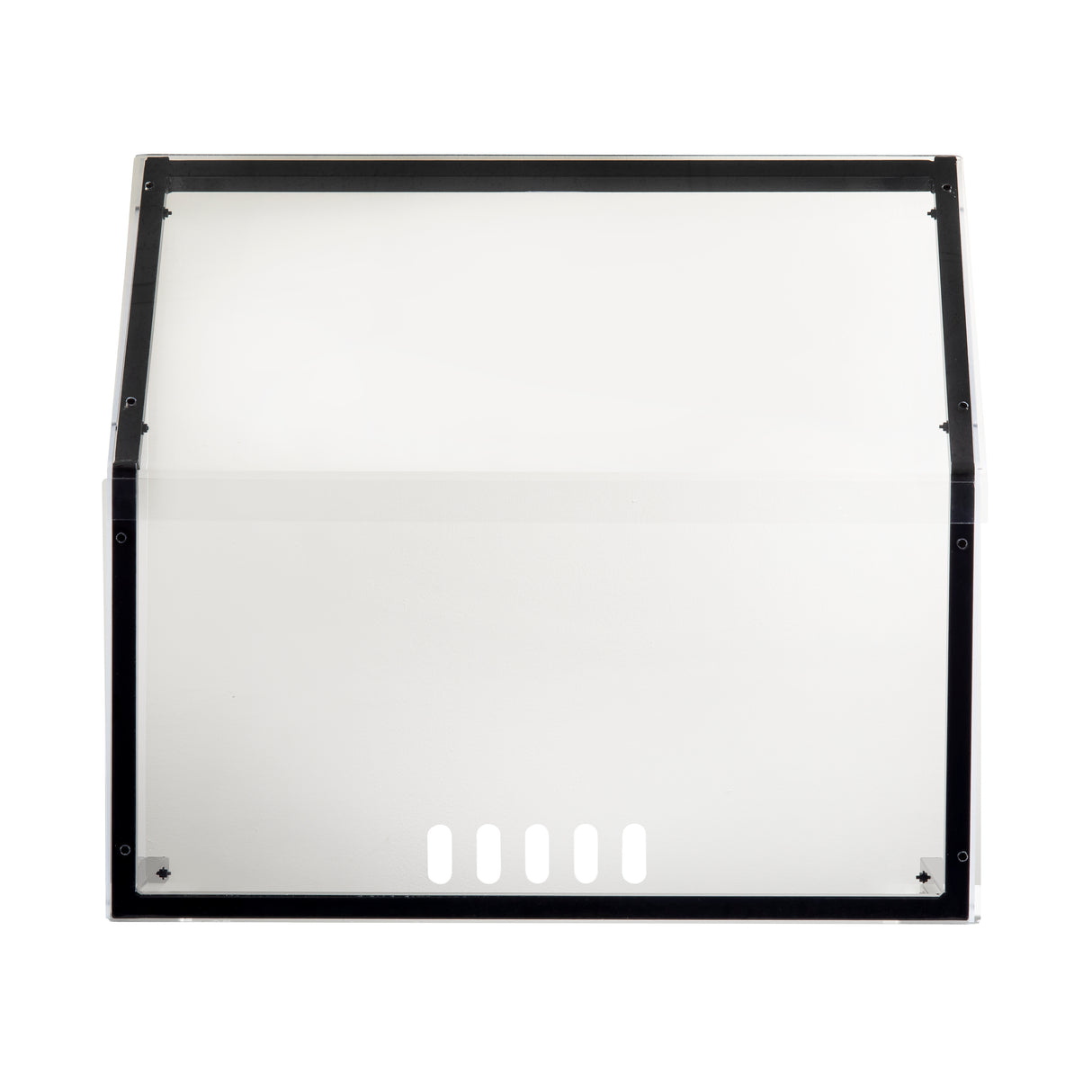A rectangular, transparent TableCraft Products freestanding acrylic shield with a black frame is photographed against a white background. The panel has a slight backward tilt at the top and five rounded rectangular ventilation slots along the bottom edge.