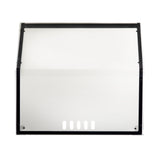 A rectangular, transparent TableCraft Products freestanding acrylic shield with a black frame is photographed against a white background. The panel has a slight backward tilt at the top and five rounded rectangular ventilation slots along the bottom edge.