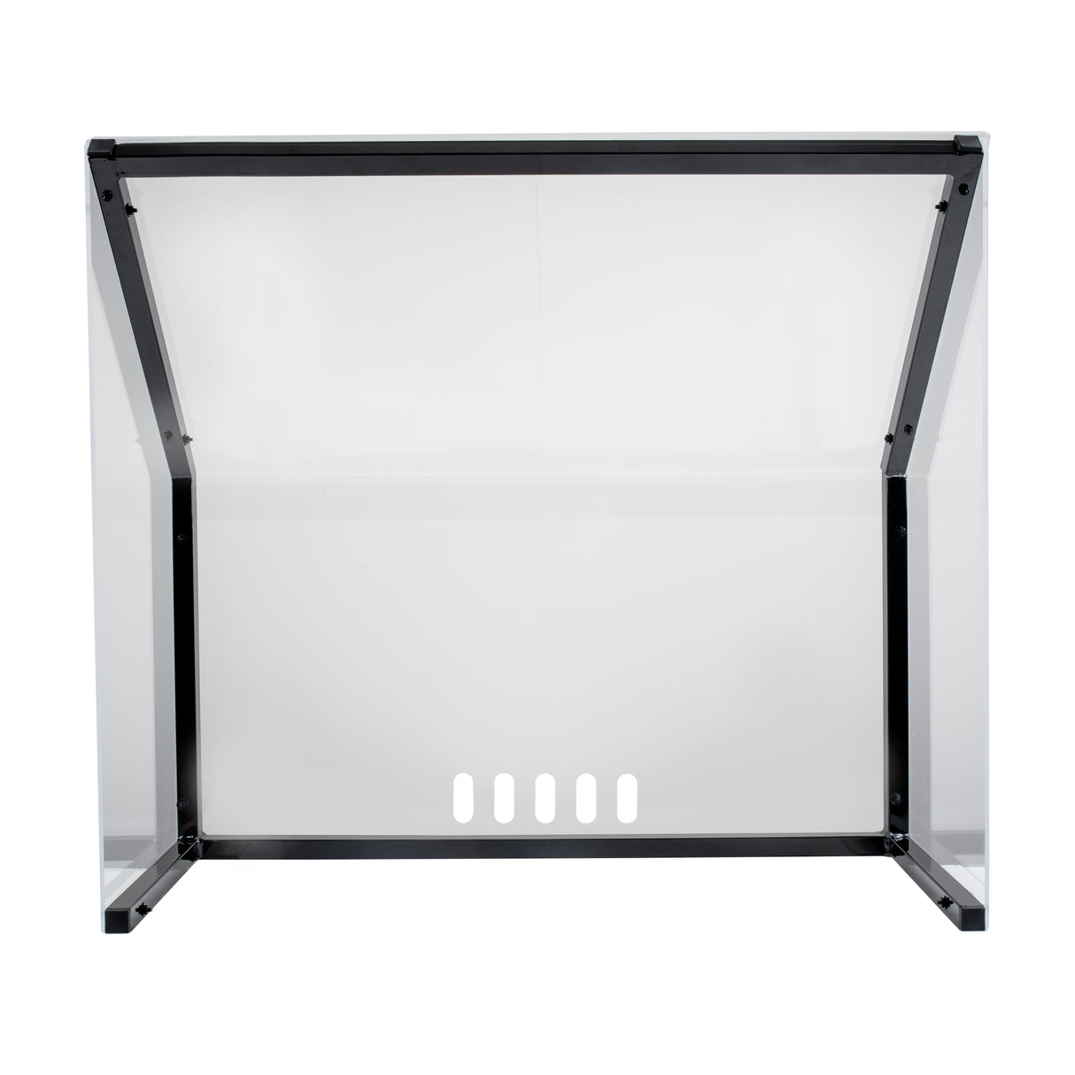 A transparent Freestanding Acrylic Shield by TableCraft Products, this rectangular Action Station Shield features black metal frames and five small rectangular pass-through openings along the bottom for convenient item exchange.