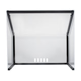A transparent Freestanding Acrylic Shield by TableCraft Products, this rectangular Action Station Shield features black metal frames and five small rectangular pass-through openings along the bottom for convenient item exchange.