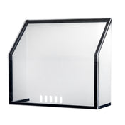 A transparent TableCraft Products safety enclosure with a slanted top, black edges, and five rectangular ventilation slots at the bottom. This freestanding acrylic shield is empty and photographed against a white background.