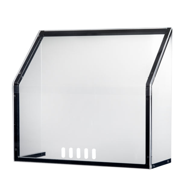 A transparent TableCraft Products safety enclosure with a slanted top, black edges, and five rectangular ventilation slots at the bottom. This freestanding acrylic shield is empty and photographed against a white background.