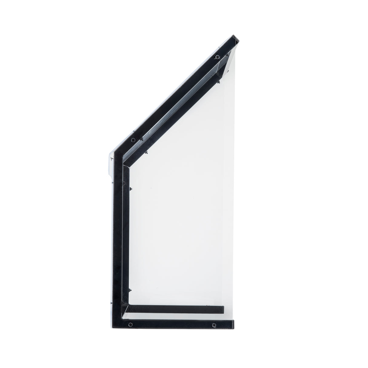 A clear TableCraft Products display case with a black metal frame, shown from the side. This freestanding acrylic shield features an angled front and rectangular base, creating a slanted, geometric profile against a white background.