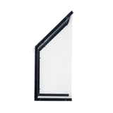 A clear TableCraft Products display case with a black metal frame, shown from the side. This freestanding acrylic shield features an angled front and rectangular base, creating a slanted, geometric profile against a white background.