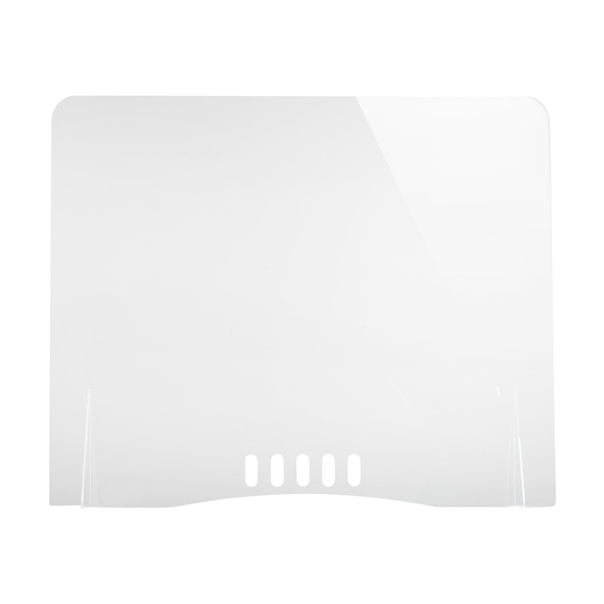 A clear TableCraft acrylic shield with rounded top corners and a flat base. The bottom edge features four small rectangular ventilation slots in the center. This action station shield is plain, transparent, and designed to serve as a protective barrier.