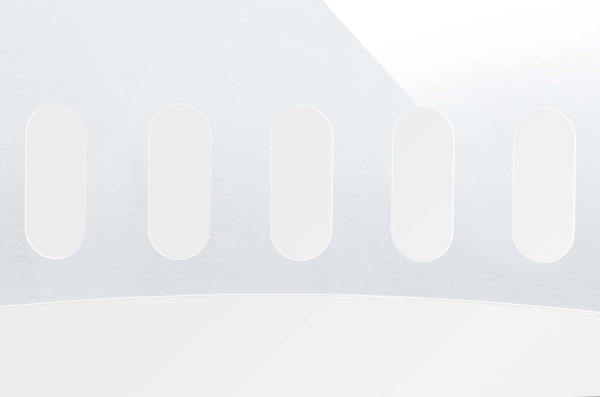 Abstract image featuring a smooth white surface with five evenly spaced, vertical oval cutouts. Subtle reflections and shading evoke a minimalist design, reminiscent of an acrylic shield or action station shield in modern TableCraft presentations.