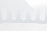 Abstract image featuring a smooth white surface with five evenly spaced, vertical oval cutouts. Subtle reflections and shading evoke a minimalist design, reminiscent of an acrylic shield or action station shield in modern TableCraft presentations.