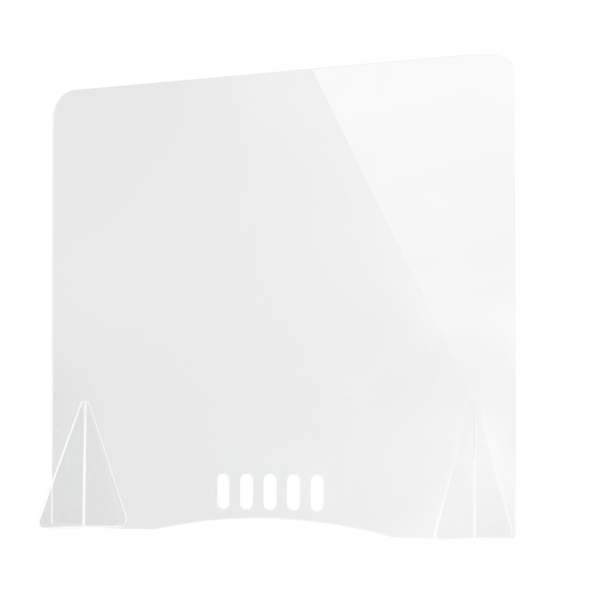 A clear TableCraft acrylic shield with rounded top corners, two triangular side supports, and five rectangular cut-out slots along the bottom edge, designed for tabletop use as an action station shield. The background is plain white.