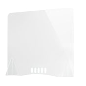 A clear TableCraft acrylic shield with rounded top corners, two triangular side supports, and five rectangular cut-out slots along the bottom edge, designed for tabletop use as an action station shield. The background is plain white.
