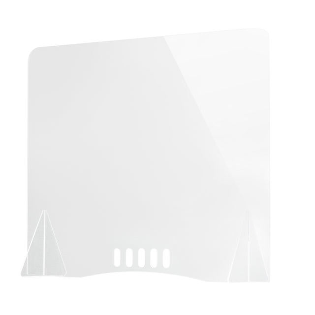 A clear TableCraft acrylic shield with rounded top corners, two triangular side supports, and five rectangular cut-out slots along the bottom edge, designed for tabletop use as an action station shield. The background is plain white.
