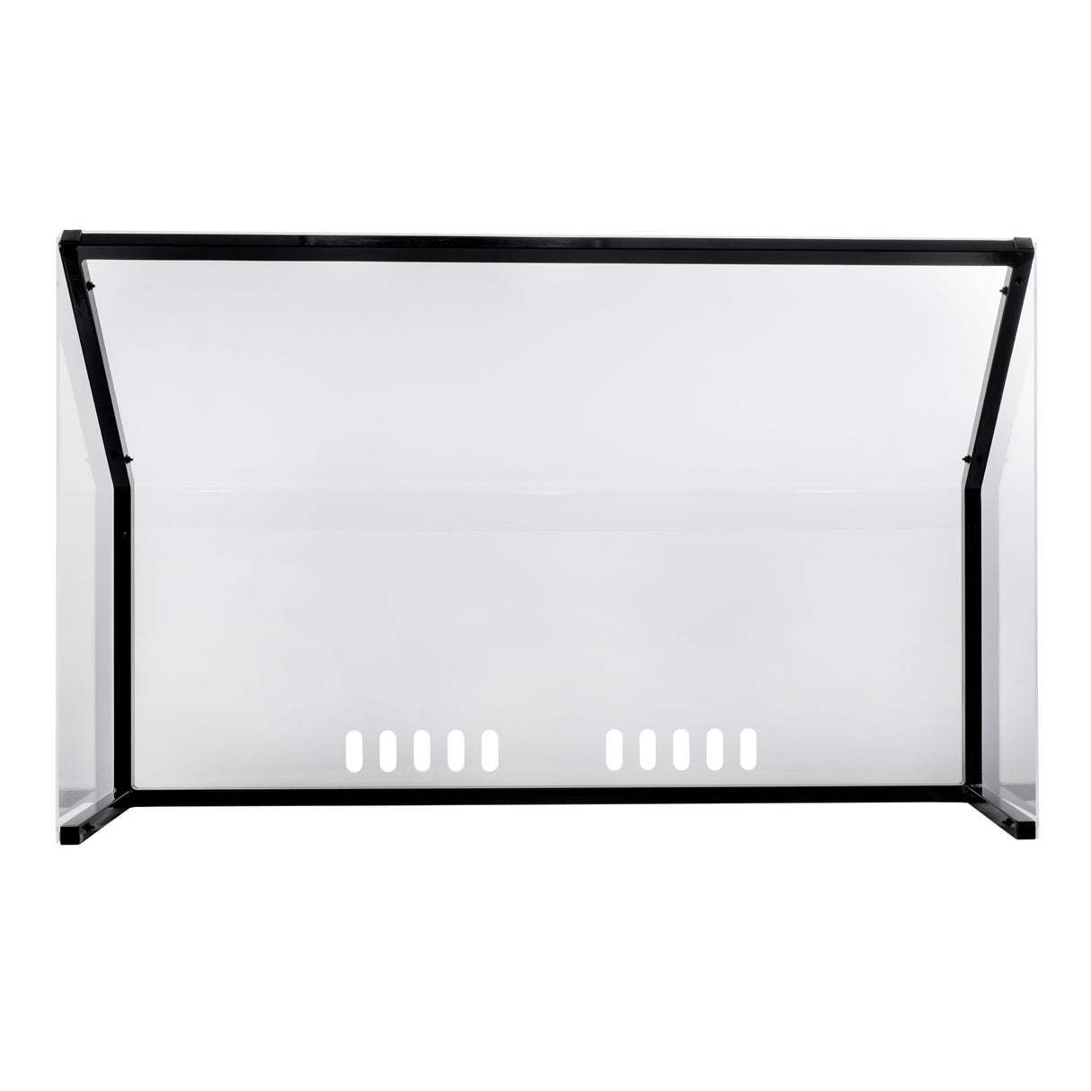 A rectangular, transparent display case with black metal frame edges, this freestanding acrylic shield by TableCraft Products features clear front and sides and evenly spaced ventilation slots at the bottom center of the back panel. Photographed against a white background.