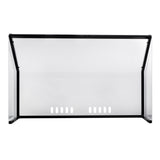 A rectangular, transparent display case with black metal frame edges, this freestanding acrylic shield by TableCraft Products features clear front and sides and evenly spaced ventilation slots at the bottom center of the back panel. Photographed against a white background.