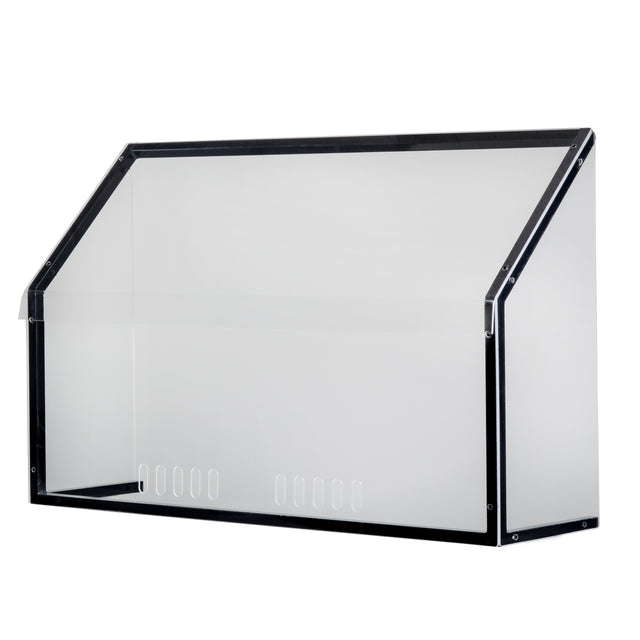 A clear rectangular freestanding acrylic shield with a slanted top, black edges, and ventilation slots near the bottom front. This TableCraft Products display case is empty and photographed against a white background.