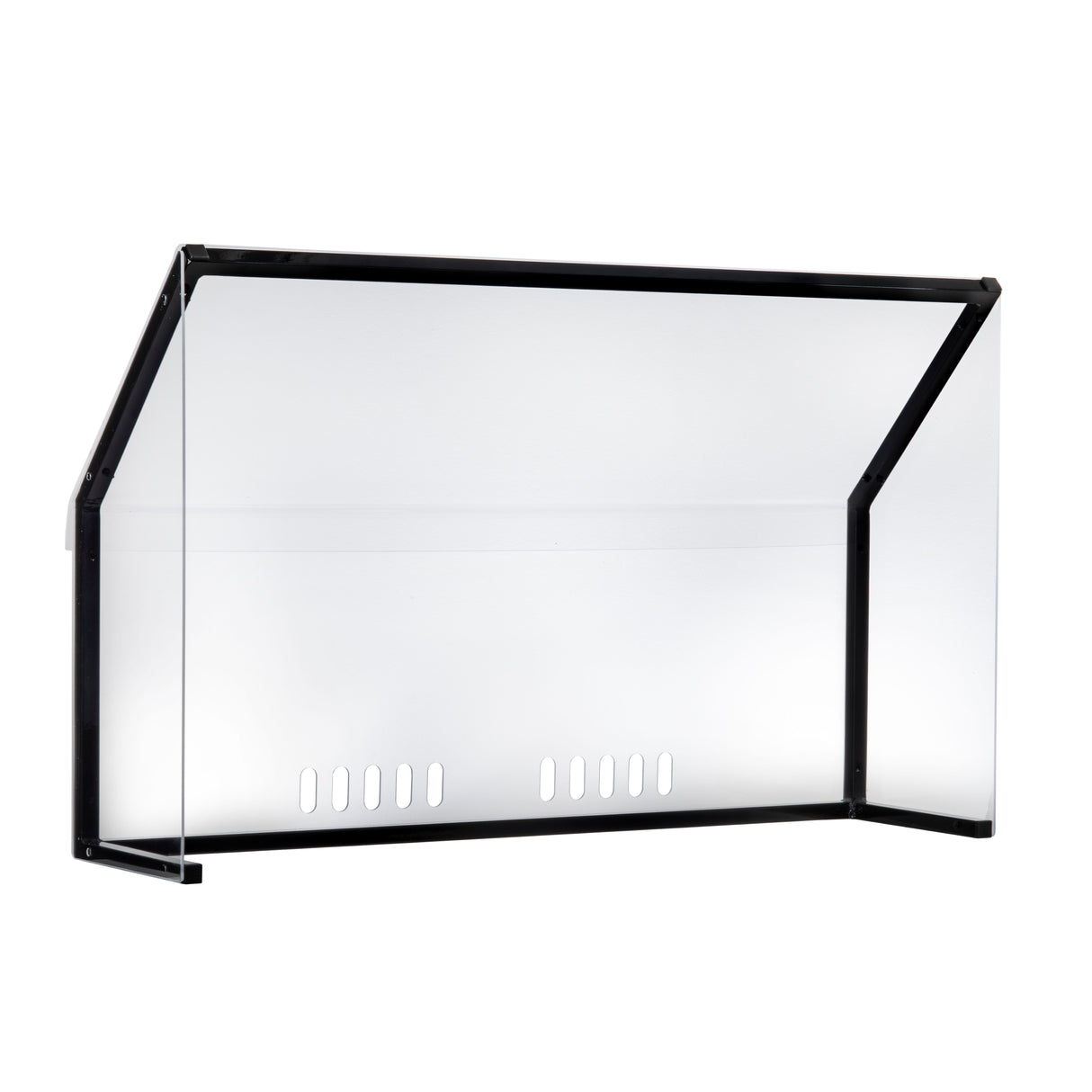 A clear freestanding acrylic shield by TableCraft Products, featuring black metal framing and angled side panels. This Double Action Station Shield has a row of oval ventilation holes at the bottom center, set against a plain white background.