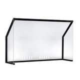 A clear freestanding acrylic shield by TableCraft Products, featuring black metal framing and angled side panels. This Double Action Station Shield has a row of oval ventilation holes at the bottom center, set against a plain white background.